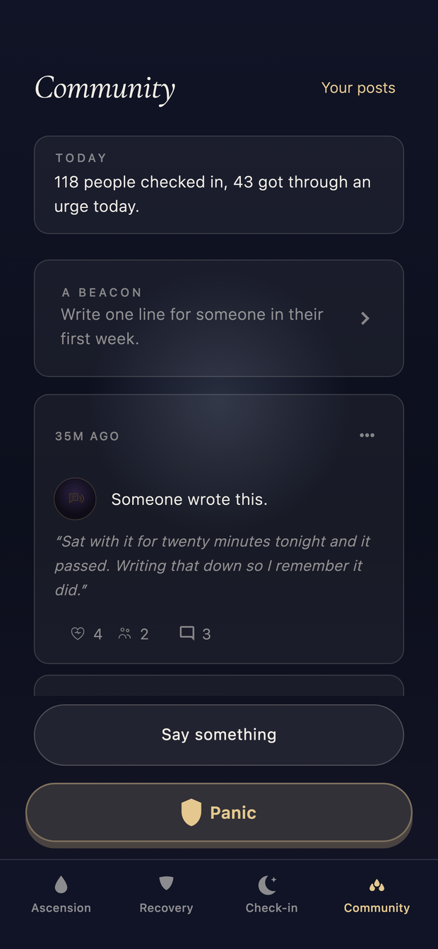 Community: today's pulse, a beacon prompt, and anonymous posts — a reaction is tapped on the first, then the feed scrolls down to 'Told my brother today. He didn't flinch.'