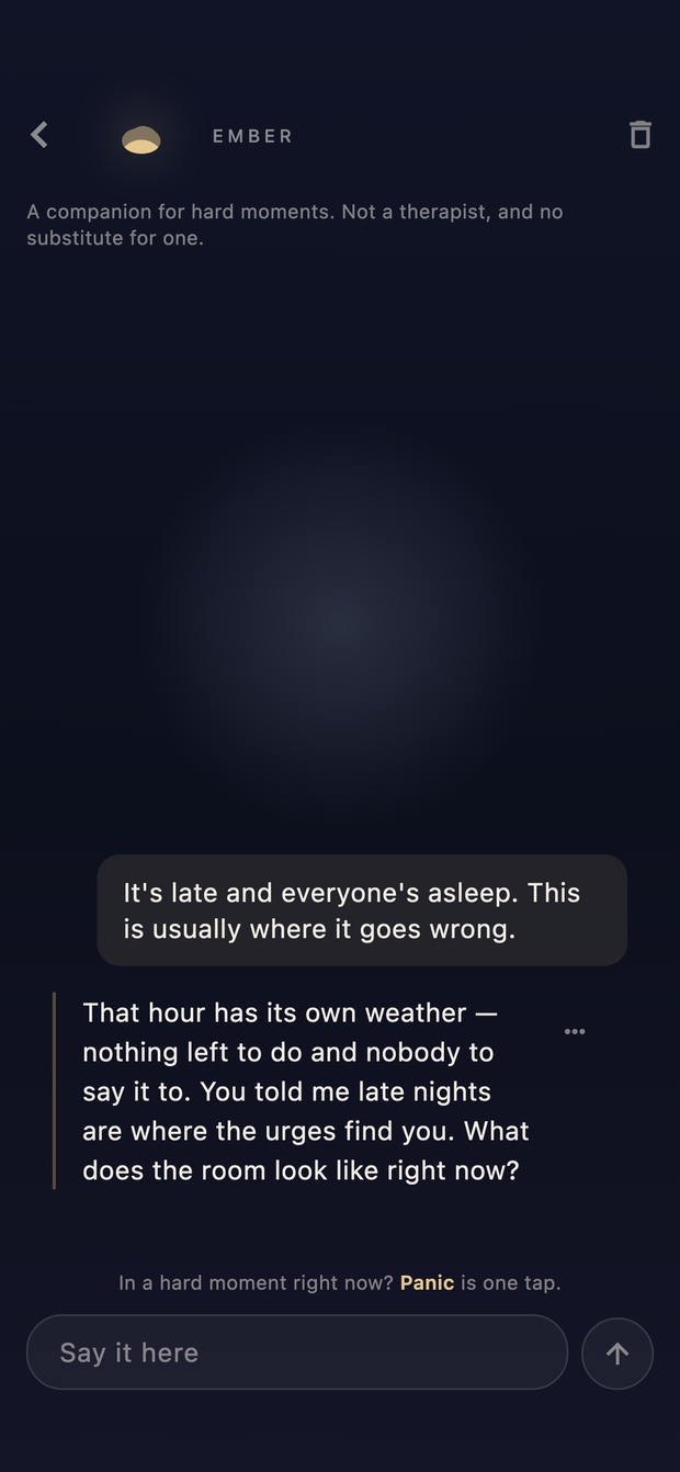Ember: a message is typed and sent, and the companion replies word by word, naming the user's own late-night pattern and pointing at the Change Your Environment journey