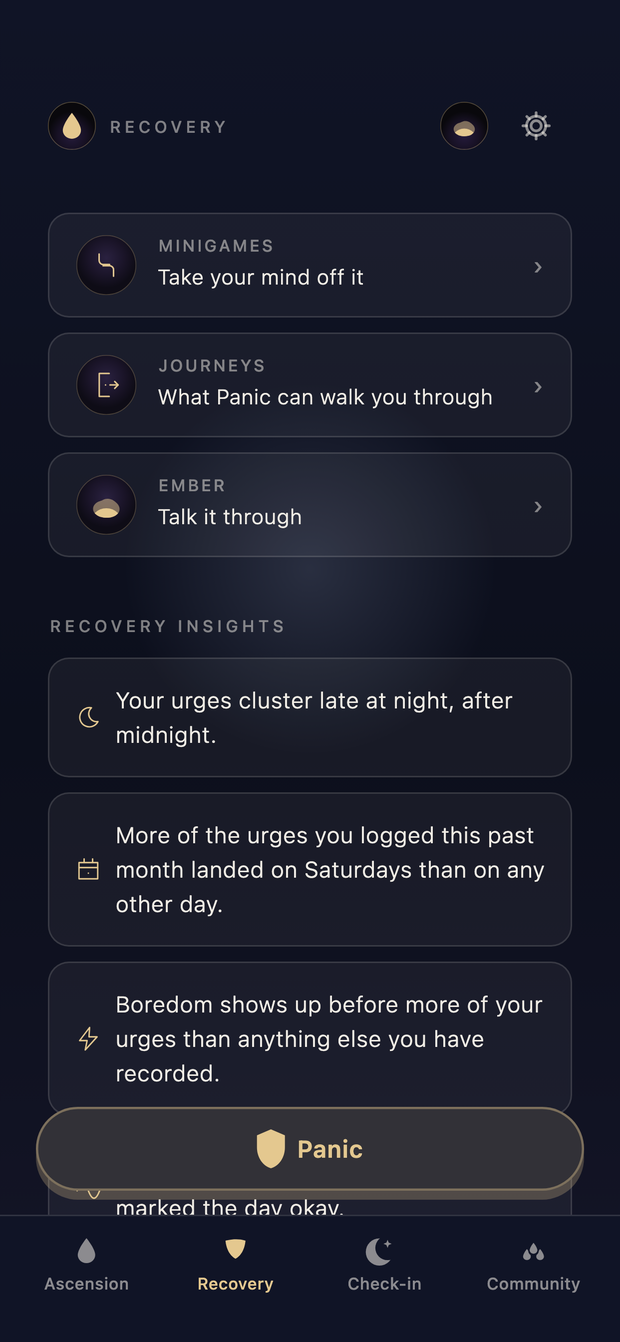 Recovery insights: the app scrolls through what the check-ins found — urges cluster late at night, more on Saturdays, boredom before most of them — down to the course card